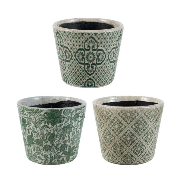 SET C/ 3 PLANTADORES BEGE E VERDE ESTAMPADOS